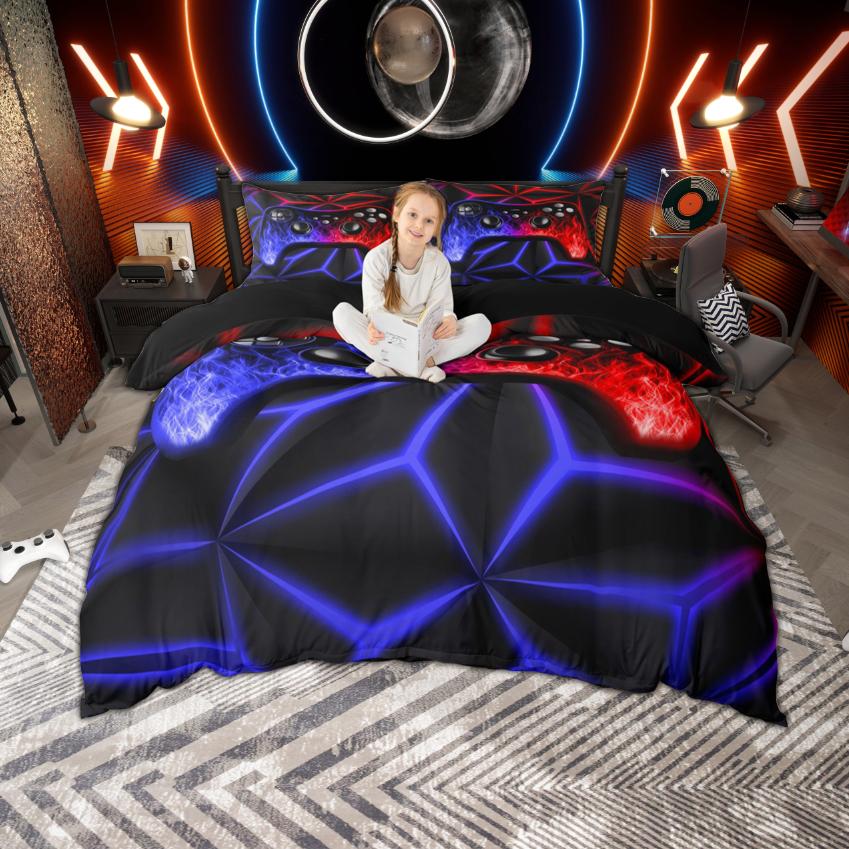 Homewish Feuerflamme Gamepad Druck Bettbezug Set Für Teenager Jungen Videospiel Thema Bettwäsche Set Geometrisch Neonlicht Bettbezug