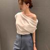 Korean Chic One-Shoulder Irregular Loose Solid Color Pullover T-Shirt