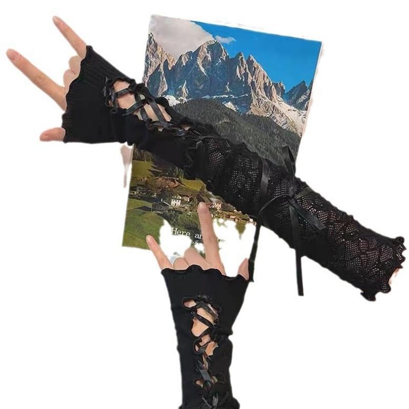 Guanti senza dita in pizzo Lolita Jk da donna Guanti punk in rete elastica con reggette fai-da-te gotiche nere Accessori per abbigliamento