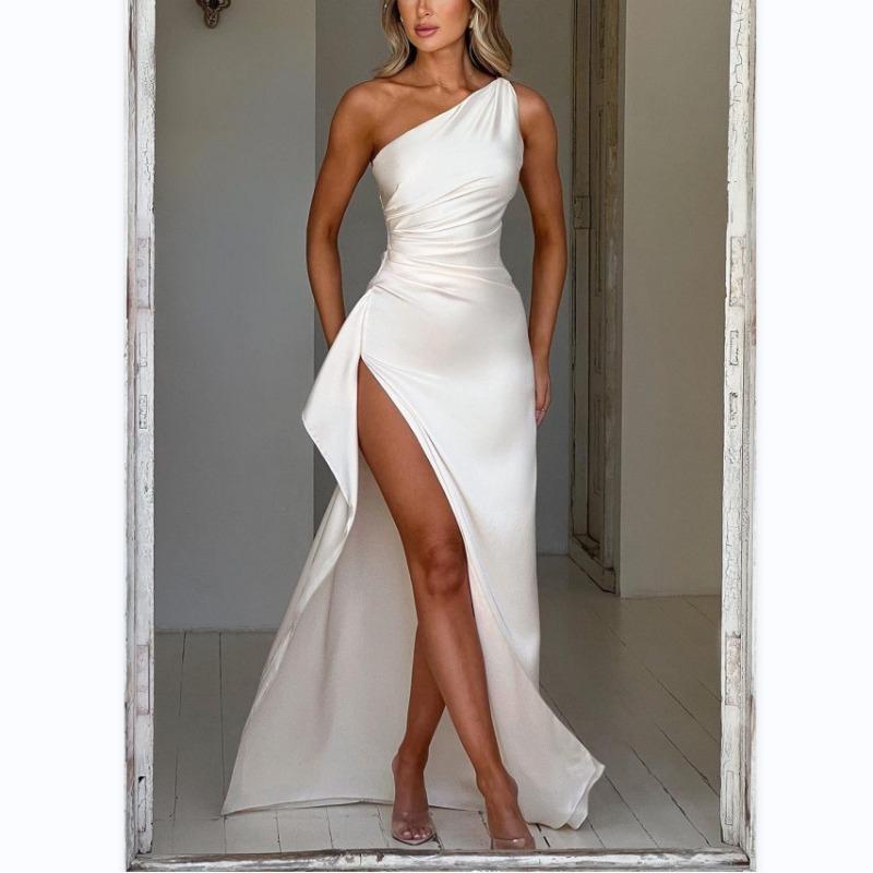 Summer New Design Temperament Sexy Slim Slant Shoulder Split Satin Dress Women