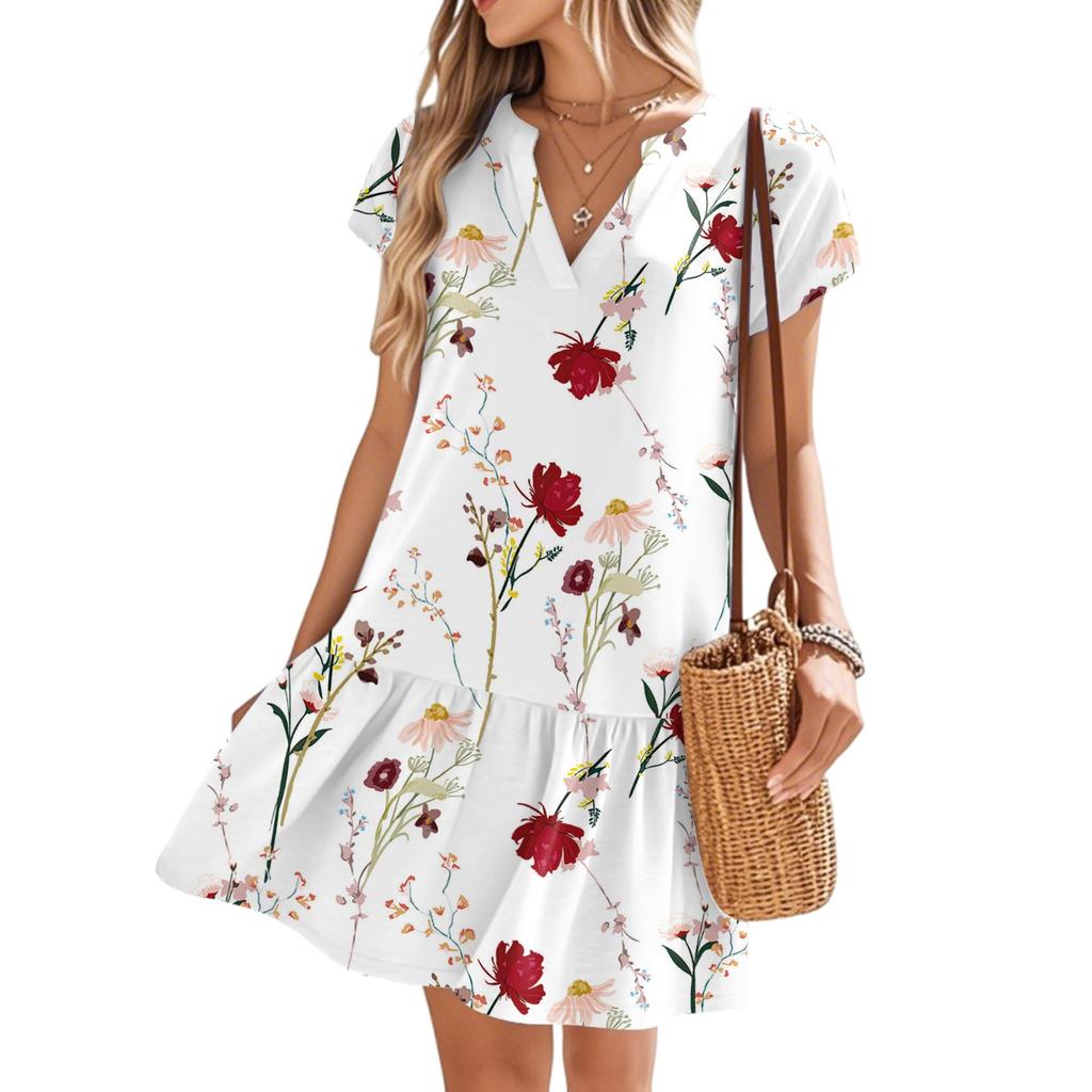 Women's Dresses Short Sleeve V-Neck Floral Printed Loose Casual Temperament Beach Dresses