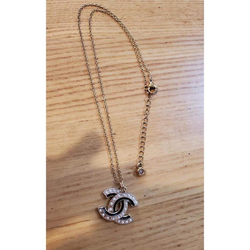 Used CHANEL Cocomark Necklace Gold Pearl Black Vintage