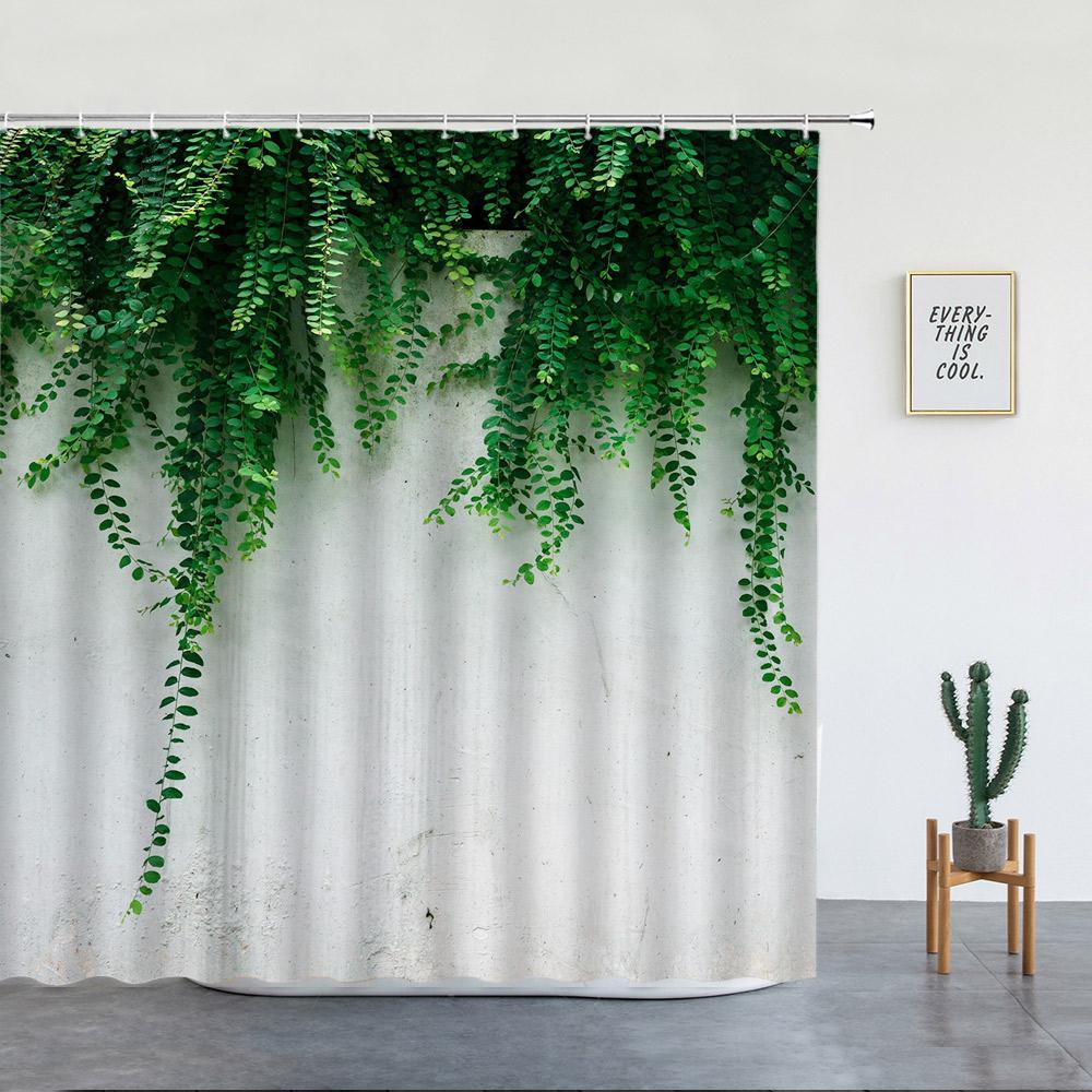 Stone Brick Wall Shower Curtain,Ivy Green Leaves Climbing On Rustic Marble Rocks Stone Wall Fabric Bathroom Shower Curtains