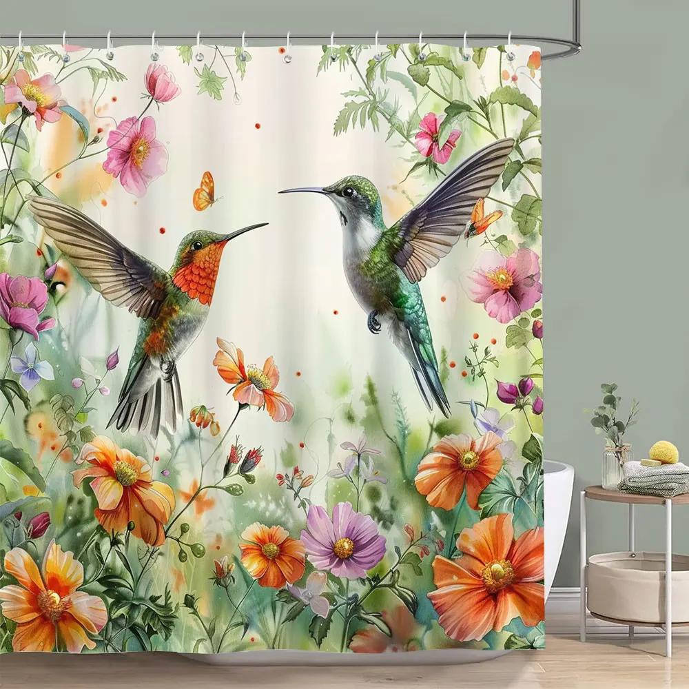 Wunderschöner Kolibri Blumen Duschvorhang Schmetterling Blume Botanischer Aquarelldruck Polyester Duschvorhang Badezimmerdekor
