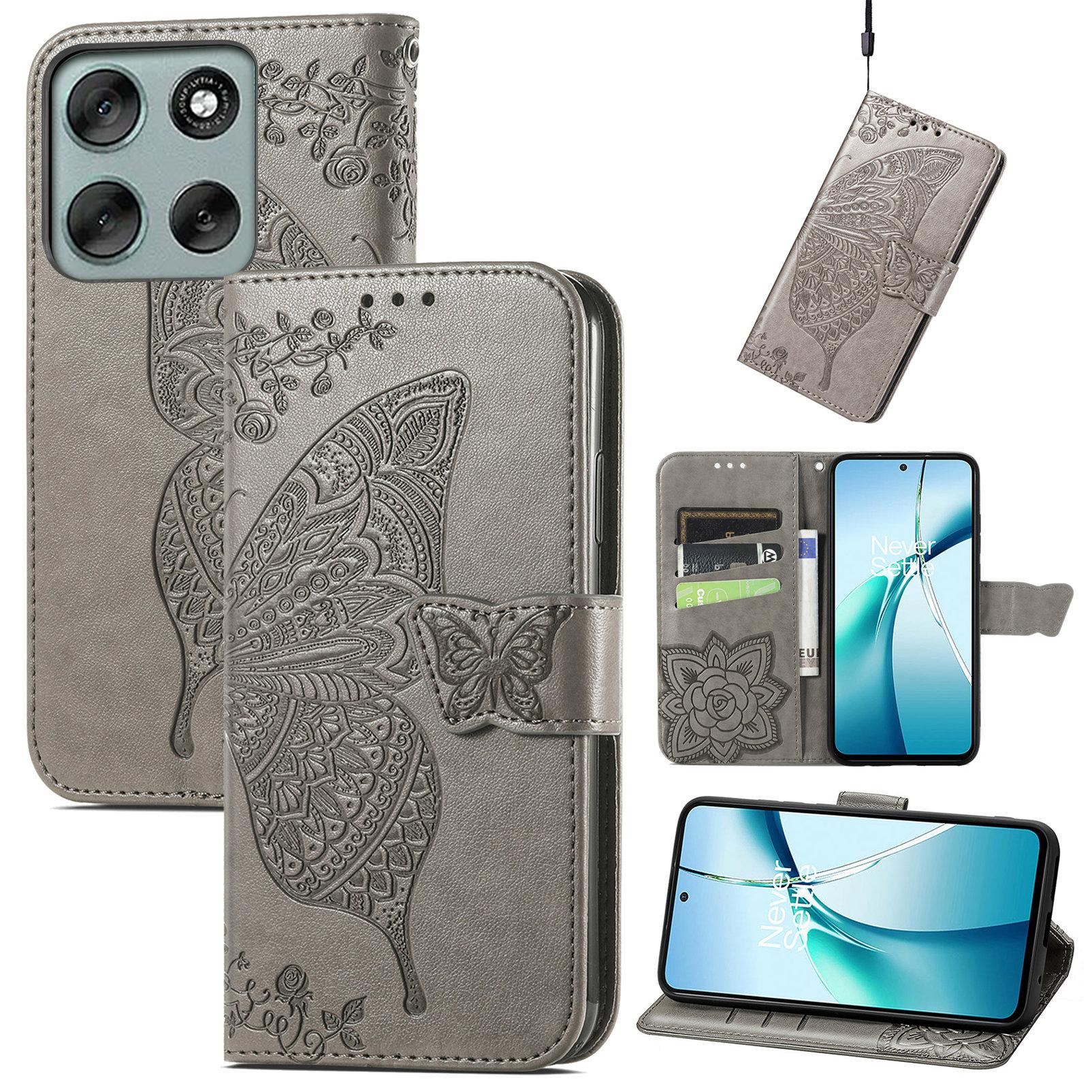 

For Motorola Moto G56 5G Case with Strap Butterfly Pattern PU Leather Wallet Phone Cover Grey