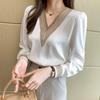 V-neck Shirt Women's Spring and Autumn Fashion French Western Style All-match Embroidered Hollow Long-sleeved Chiffon Shirt Top