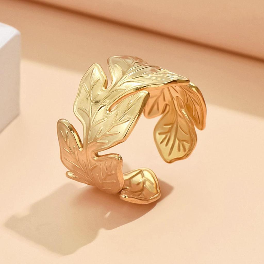 Gold-Plated Stainless Steel Open Ring - Women's Trendy Leaf Design