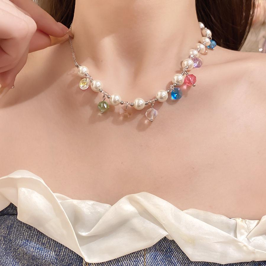 Colorful Dopamine Crystal Beaded Necklace: Water Drop Pearl Collarbone Chain, Fashionable Versatile Jewelry for Women.