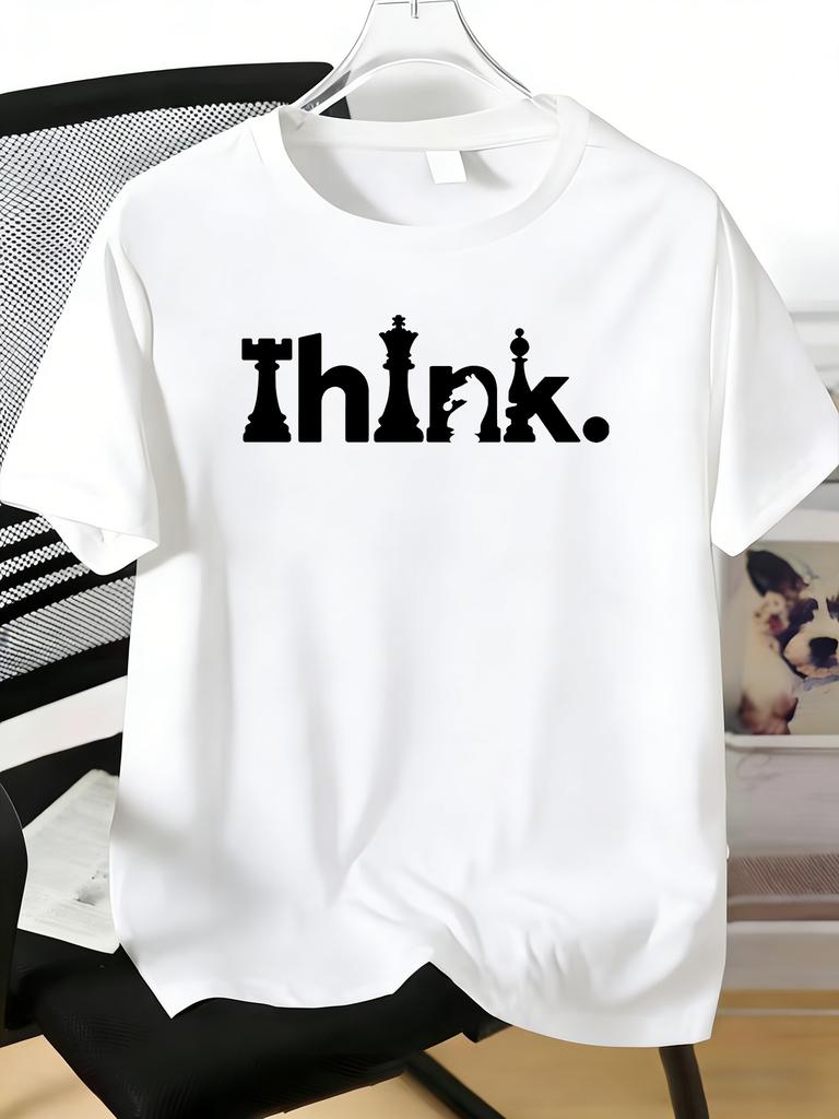 Unisexs Tee Think Word Combined With Chess Pieces Print Cotton Short Sleeve Male Casual Streetwear Outdoor Daily Basic Fashion Top