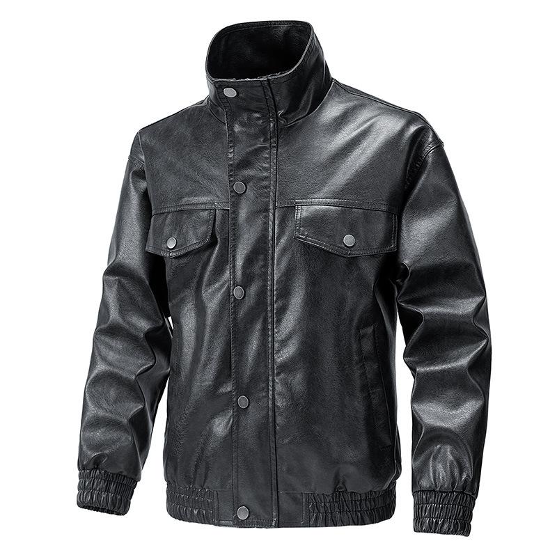 American PU leather jacket for men, spring and autumn new stand-up collar biker jacket, versatile trendy jacket, coat