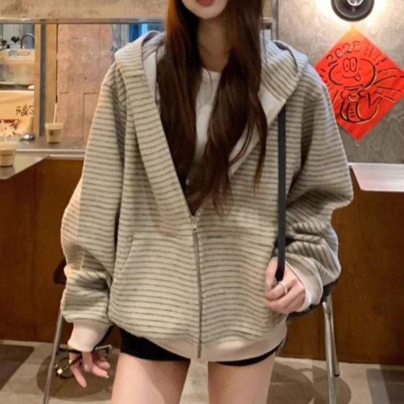 Paski Damskie Topy Zamek Jesień Zima Y2k Bluzy Koreańskie Luźne Z Kapturem Retro Kurtka