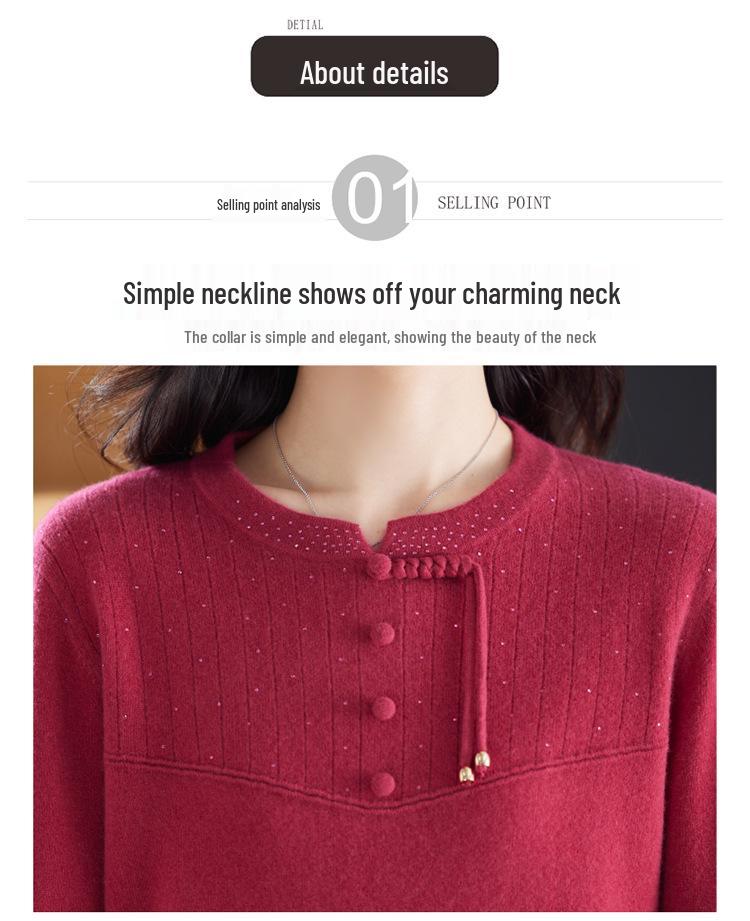Elegant Plus Size Chinese Style Wool Sweater for Middle-aged and Elderly Women - Autumn/Winter Knitwear