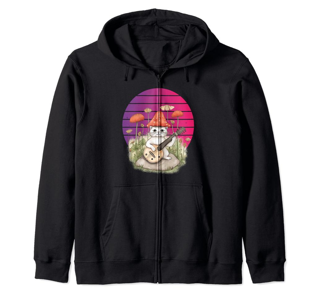 Whimsical Cute Cat Mushroom Hat Guitar Nature Lover Fantasy Zip Hoodie