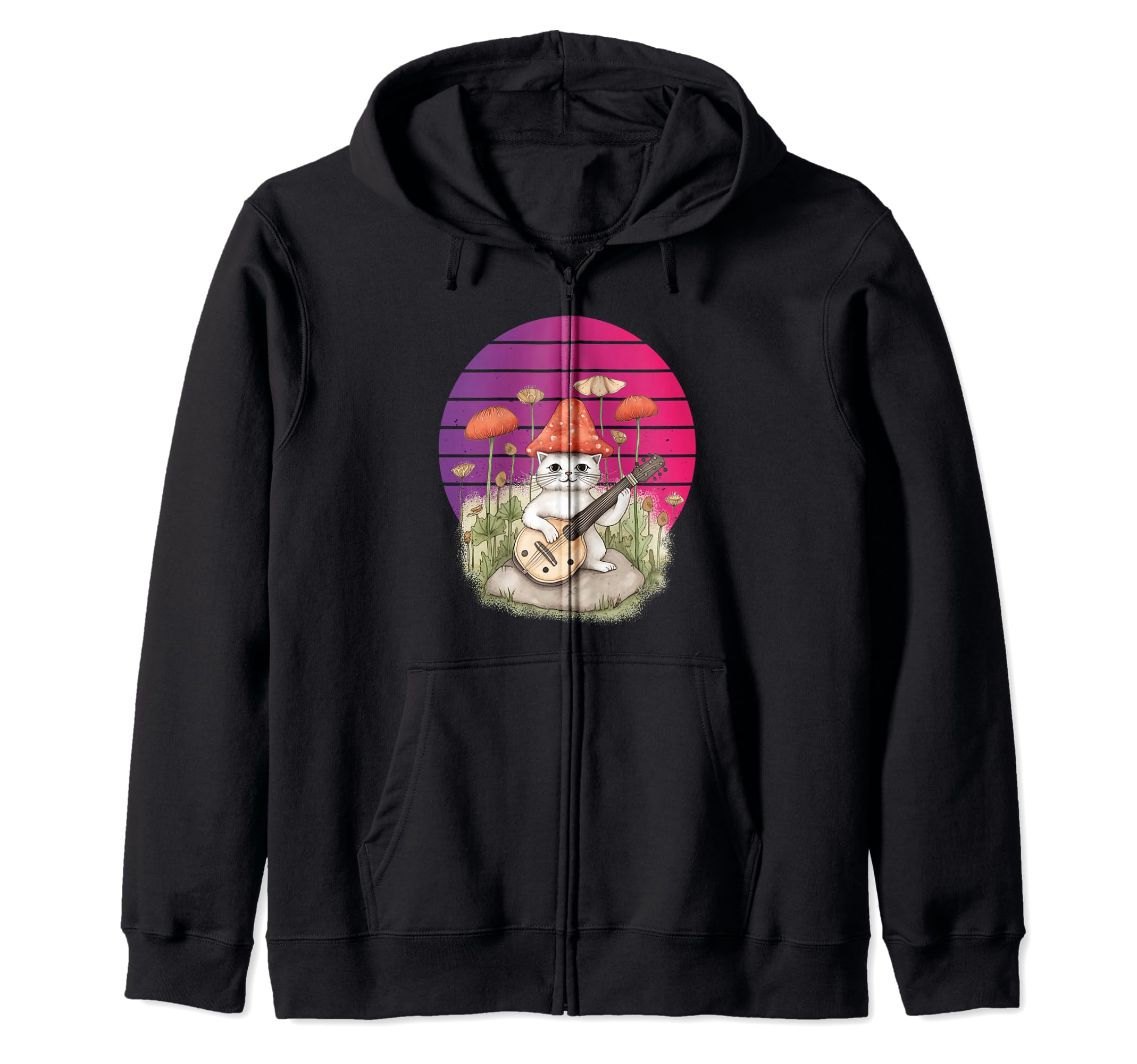 

Whimsical Cute Cat Mushroom Hat Guitar Nature Lover Fantasy Zip Hoodie чёрный