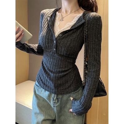 Shaved Collar Fake Two-piece Lace Long-sleeved Shirt for Women's Autumn and Winter New Button-up Semi-open Neck Bottoming Top Knitted Sweater