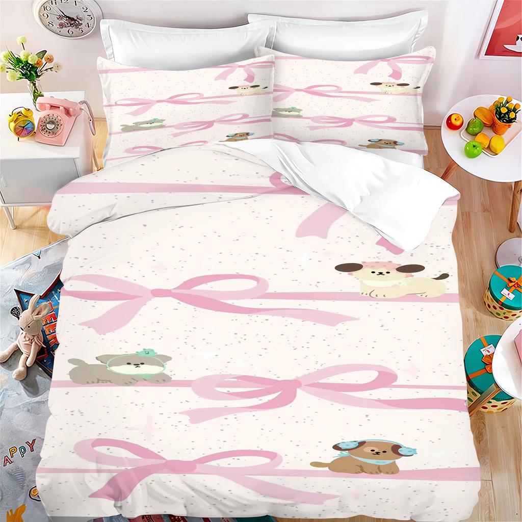 Lovely Bow Carton Anime Soft Duvet Cover Set Kawai Holiday Gifts Comfortable Quilt Covers Pilowcase Set Children Kids Beding Set Decor Quen King-Sized