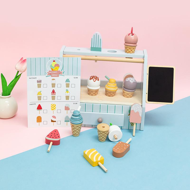 Fun Wooden Simulation Ice Cream Shelf Model Children Toy Set For Kids With Pretend Food And Sensory Development