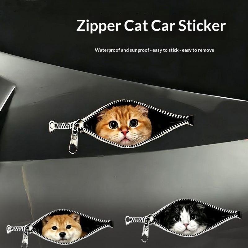 Cat Car Sticker Zipper Cat Puppet Teddy Border Collie Puppy Cute Creative Personality Pet Car Decorative Sticker 1Pc