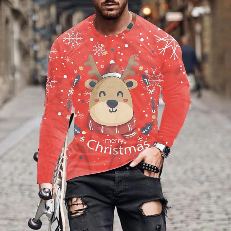 Round Neck 3D Christmas Printed Top Casual Long Sleeved Men's T-shirts - Soft Medium Stretch Polyester Fabric Spring and Autumn Relaxed Fit Clothing
