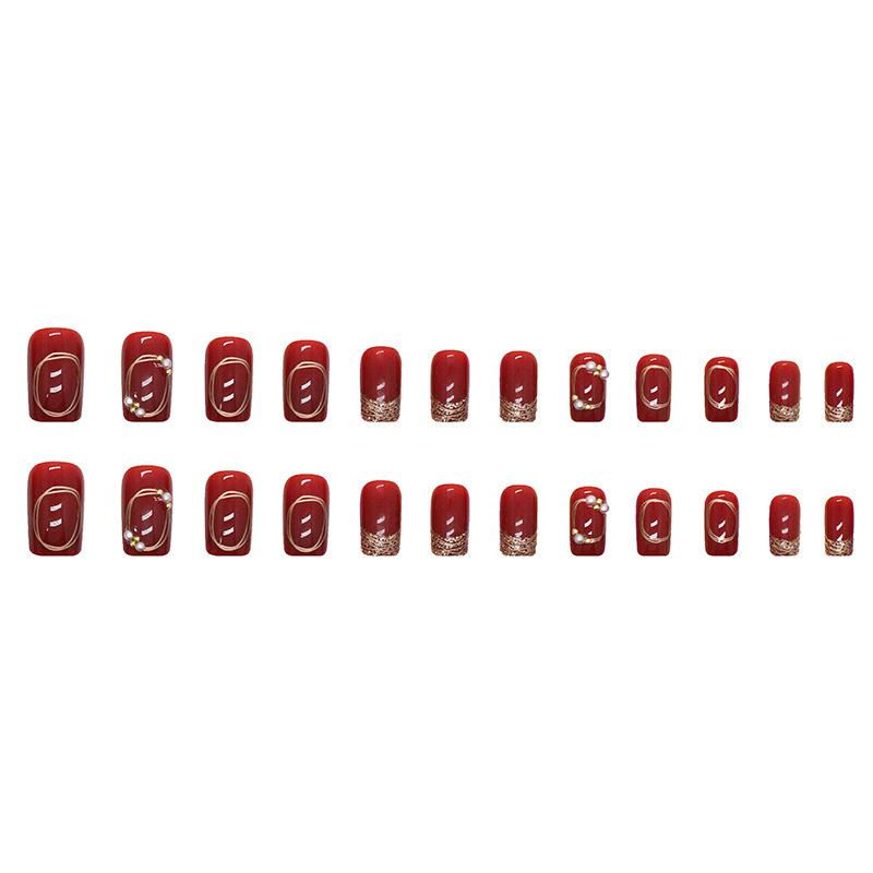 24 Pezzi Bordeaux Lucido Diamante Rosso Capodanno Fuoco Nail Art Polvere Oro Lucida Vendita Calda Nuovo Diamante Indossabile Unghie Finte