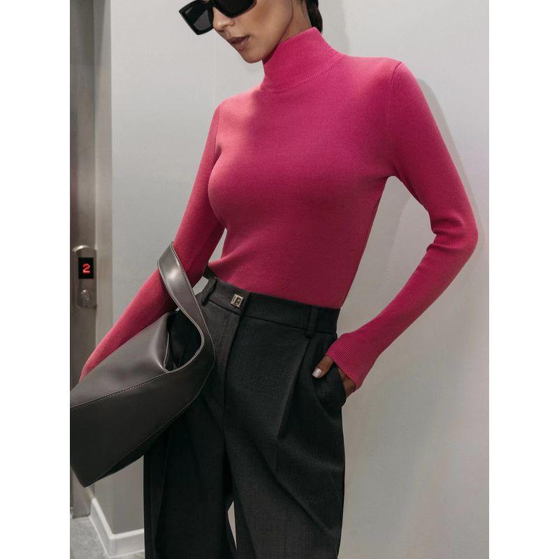 

Модный облегающий свитер с длинным рукавом, водолазкой, однотонный, с полувысоким воротником Rose powder M