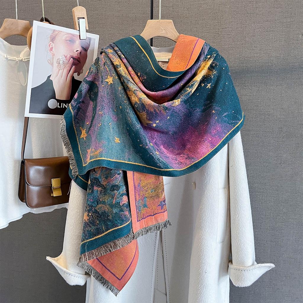 Autumn/Winter Warm Scarf 185*65cm Star Print Tassel Shawl Women's Imitation Cashmere Thickened Warps Coldproof Windproof Blanket