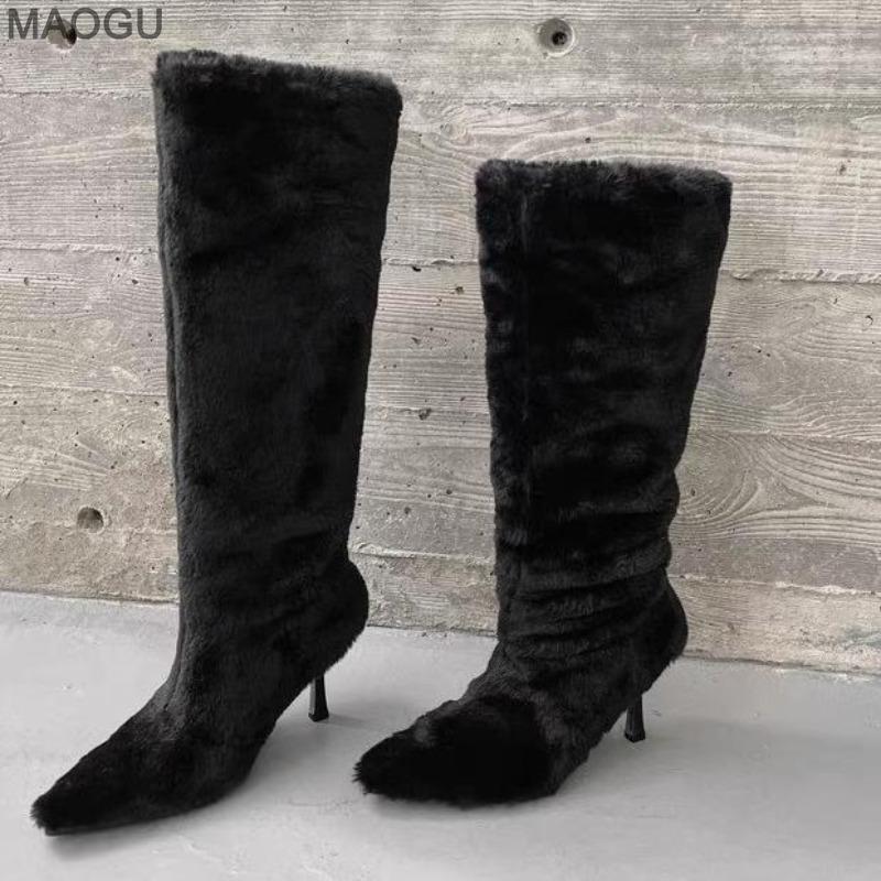 Winter Women Pointed Toe Fuzzy Plush Long Boots Knee-High Slip on White Cozy Faux Fur Lined Boots Fashion Thigh High Botas Mujer
