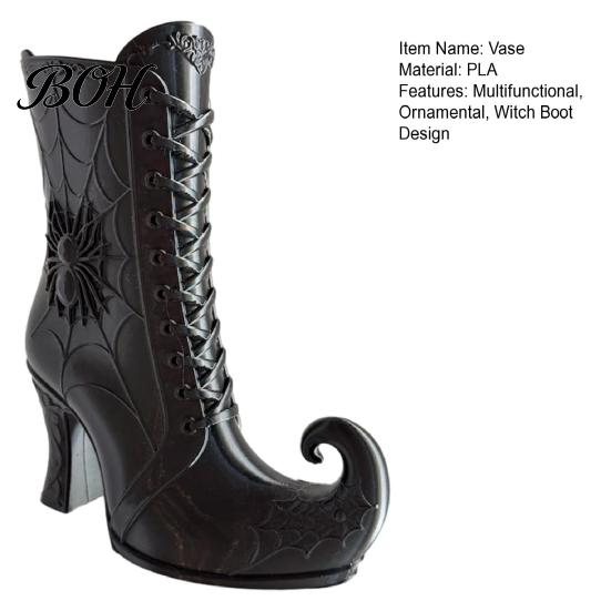 Decorative Mantel Ornament Gothic Witch Boot Vase, Halloween Table Centerpiece Black Spider Web Rose Container High Heel, Flower Holder for