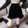 Women's Short Skirt Autumn and Winter High Waist Slim Fur Splicing A-line Skirt Temperament Black Hip Skirt