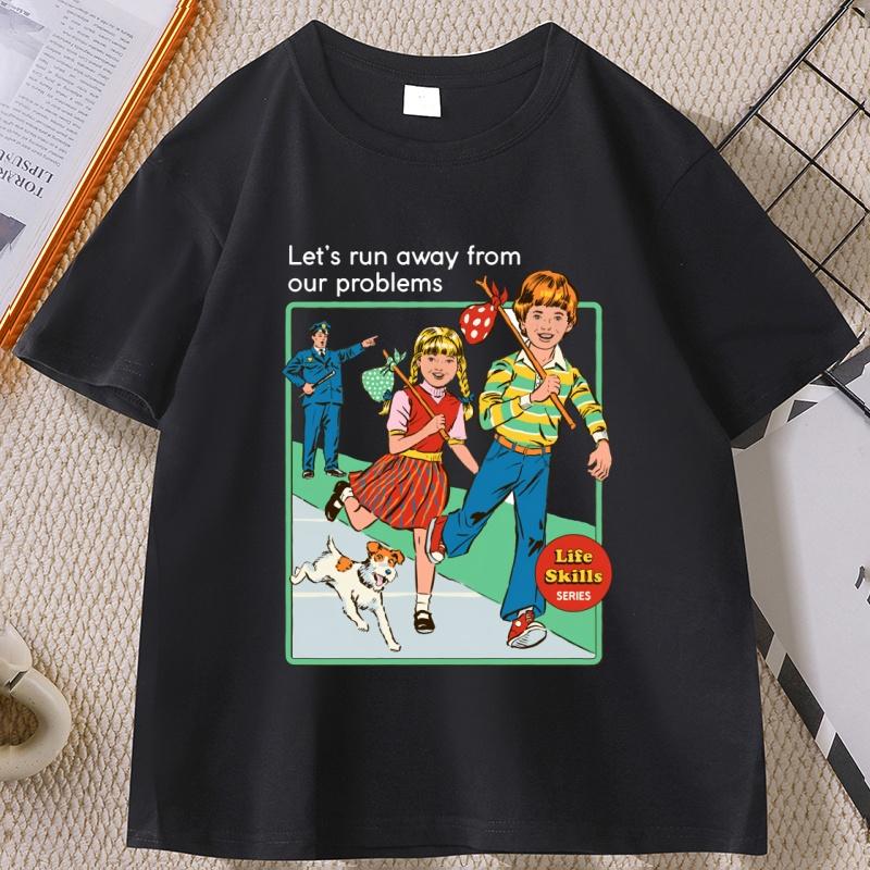 Lets Run Away Graphic T Shirts Crewneck Vintage Short Sleeve Unisex WOMEN Tee Shirt Unisexs Designer Clothing Streetwear Tops