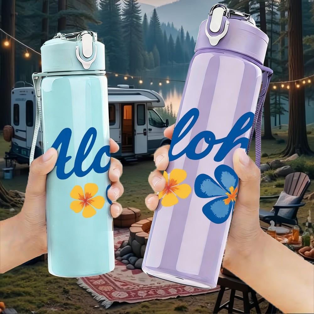 1PC Aloha Blue Flower Letter 750ml Color Plastic Sports Water Bottle Leakproof Flip Straw Lid Suitable for Sports Office Home Use