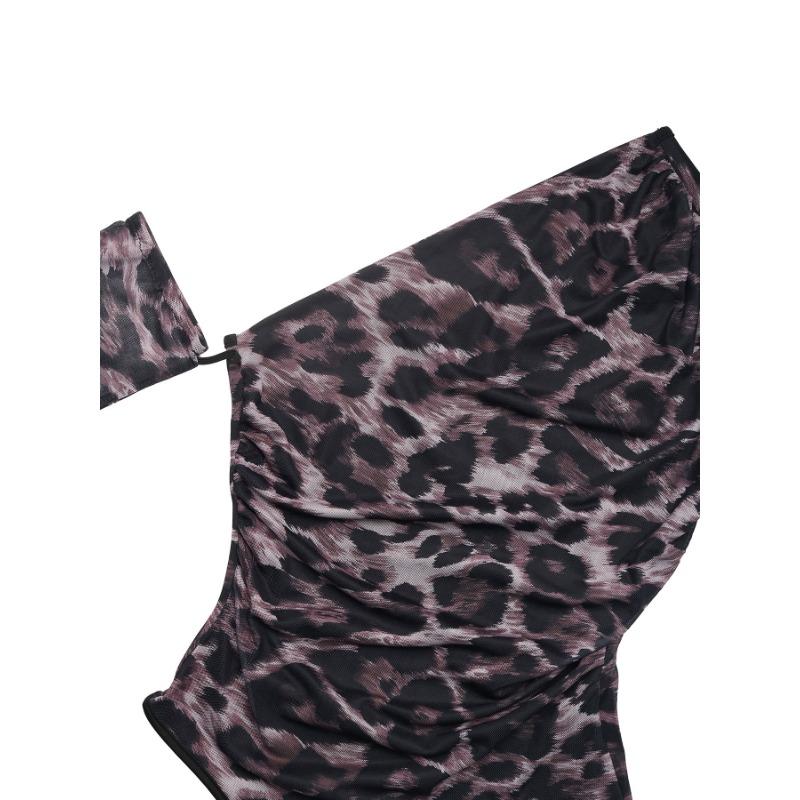 YYFS Women's Fashion Casual Leopard Print Spring Fall Long Sleeve Oblique Collar Bodysuits