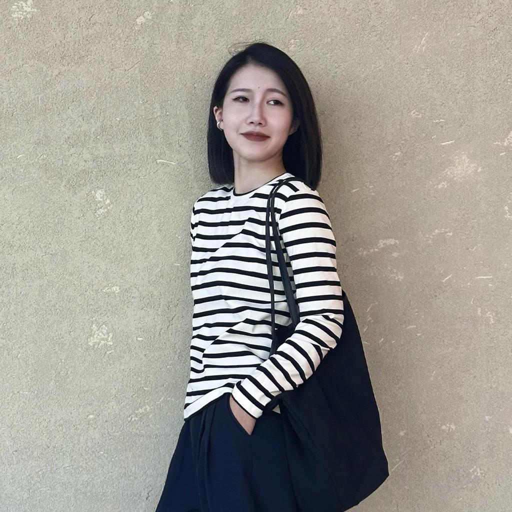 Women's Striped Long Sleeve Crew Neck T-Shirt - 2025 Autumn/Winter Slim Fit Pure Cotton Base Layer