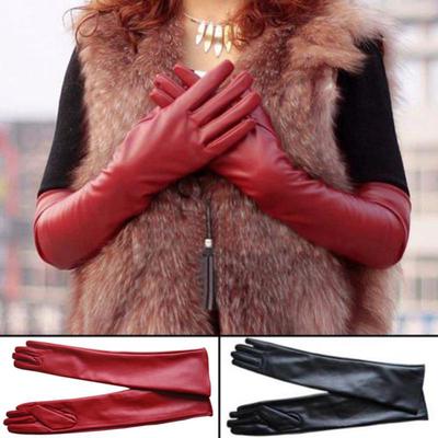 Damen-Handschuhe, Kunstleder, Ellenbogenhandschuhe, Winter, warm gefüttert, Fingerhandschuhe, lange Handschuhe