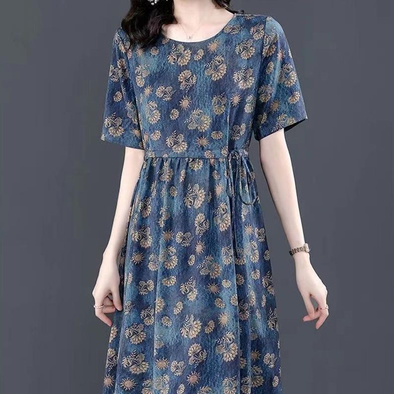 Chinese mother fashion Korean version dress women's summer new loose Chinese mother temperament flower skirt