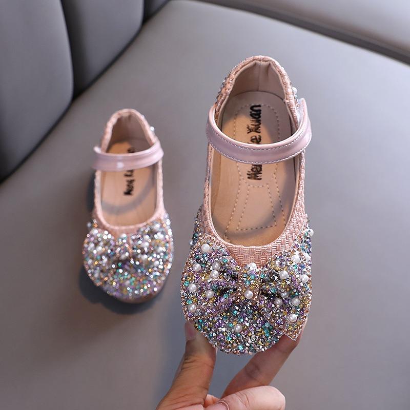 Girls' flat shoes, spring-autumn new style, colorful rhinestones & bowknot, small/medium/large children's dance shoes, performance shoes