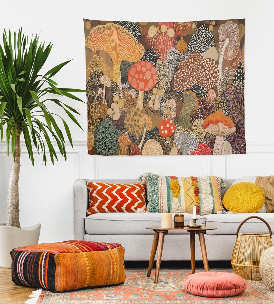 Mushroom Tapestry Yayoi Kusama Inspired Japanese Art Retro Fungi Wall Hanging Colorful Botanical Decor Cottagecore Forest Wall Art