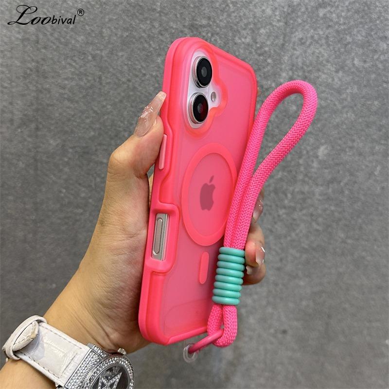 Custodia con Cinturino da Polso a Doppia Colore Magsafe per iPhone 16 15 14 13 Pro Max Plus 12 11 Cover Corazzata Rigida Magnetica con Laccetto