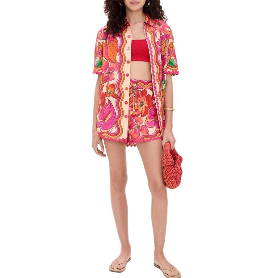 European And American New Summer Casual Positioning Printed Lapel Shirt And Shorts Two-Piece Set