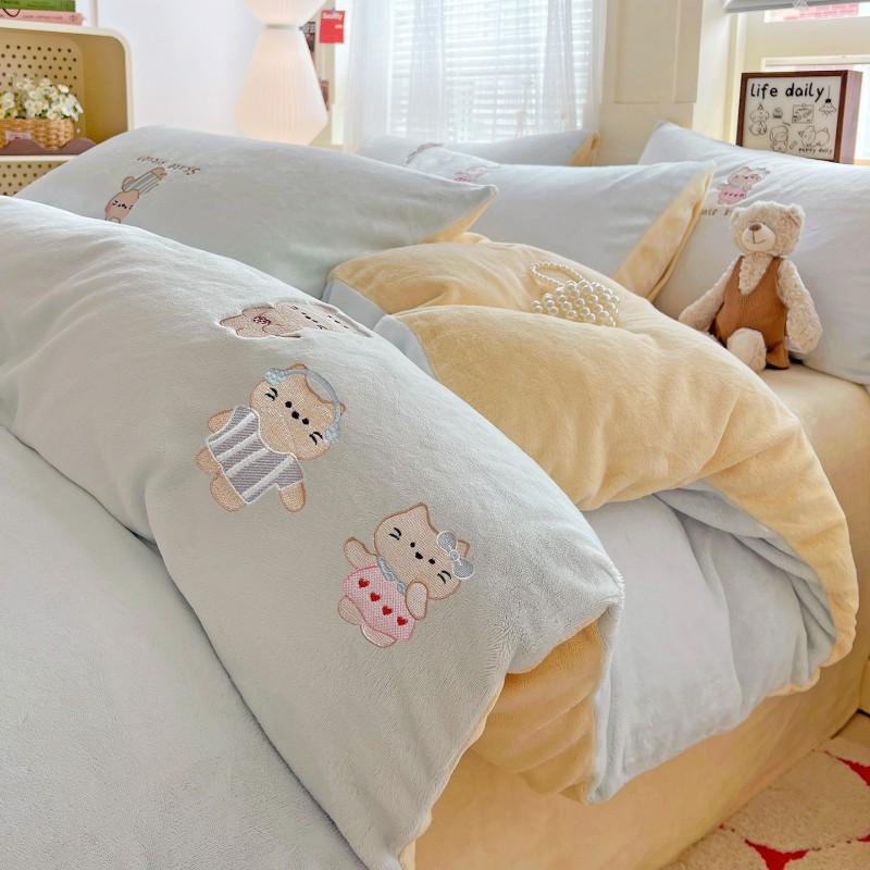 Ins Cute Cartoon Milk Fleece Bedding Set Winter Flannel Duvet Cover Sheet