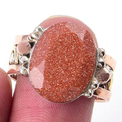 Natural Sunstone Gemstone Handmade 925 Sterling Silver Two Tone Ring Size 9 V0J76