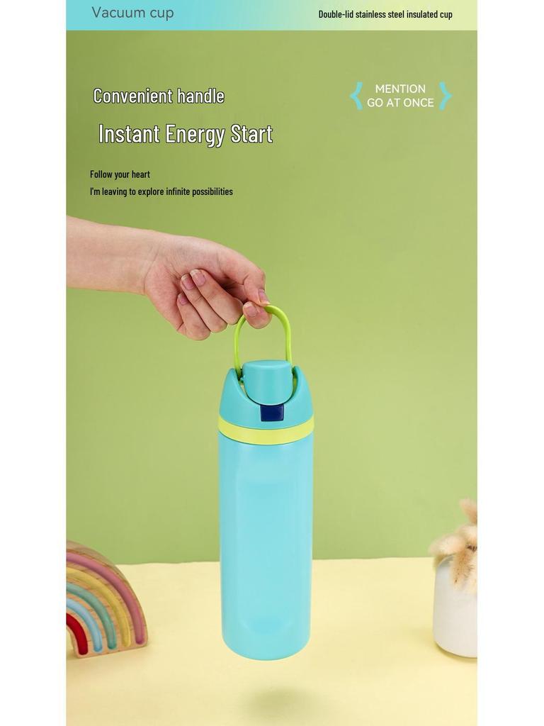 Double-Drink Lid Stainless Steel Insulated Sports Cup with Straw, Large Capacity, Flip-Top, Carry Rope