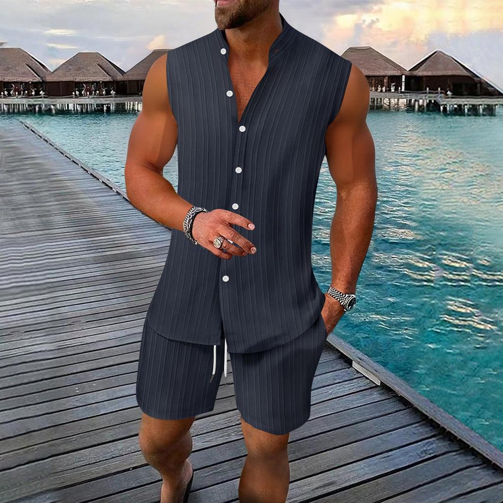 Men Sleeveless Button Down Shirt Vest and Shorts Set Lightweight Casual Summer Beachwear Two Piece Outfit for Outdoor Activities
