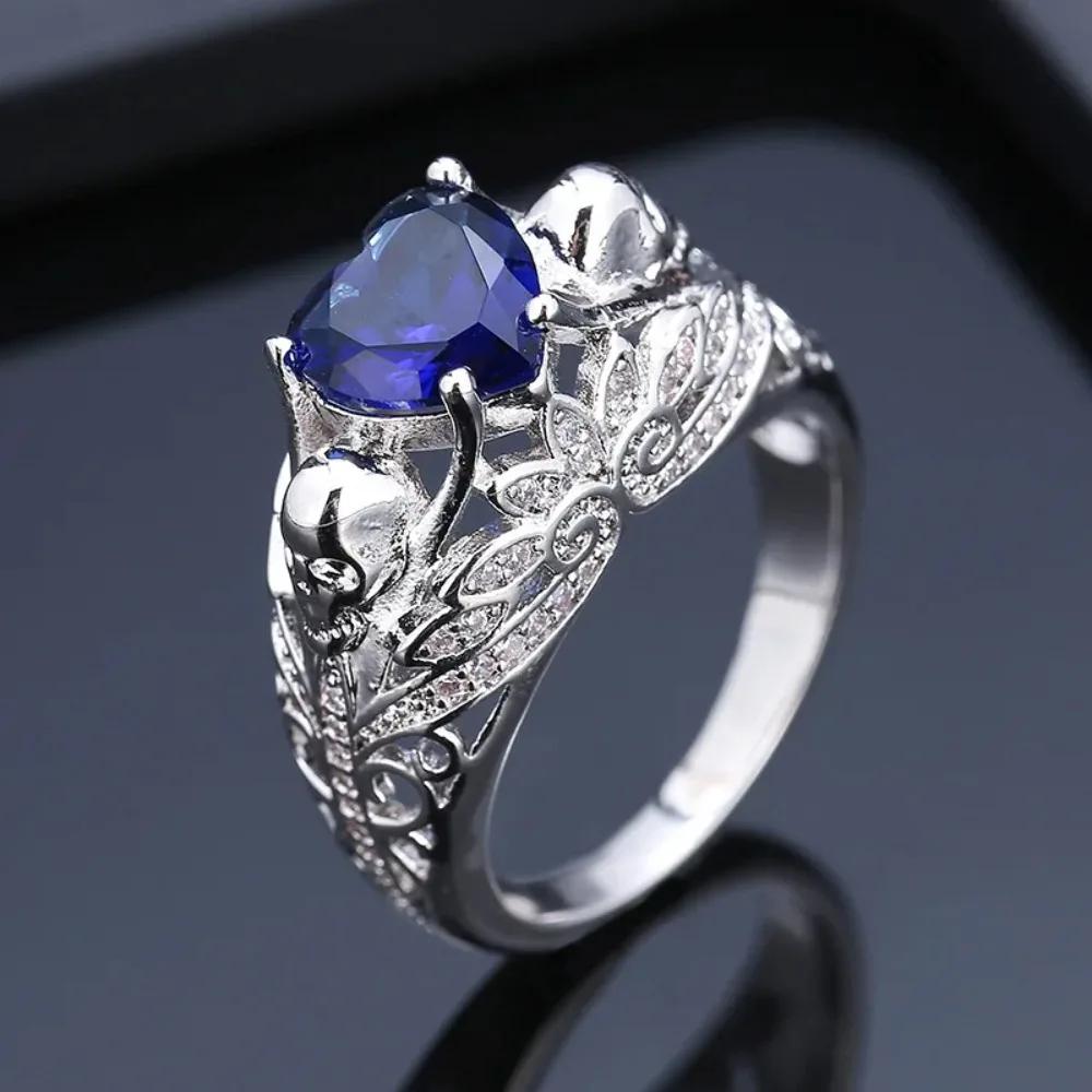 Gothic Skull Ring Blue Cubic Zirconia Crystal Punk Women's Jewelry Gift