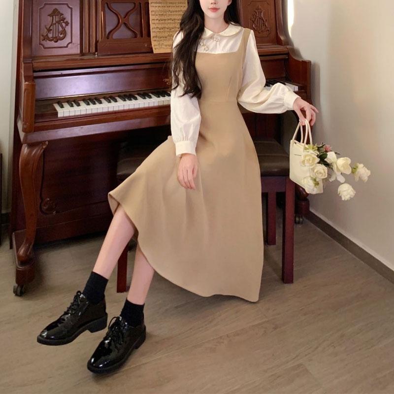 Vintage Doll Collar Midi Dress Women's Clothing Stylish Chinese Disc Buckle Spring Autumn Fake Two Pieces A-Line Spliced Dresses