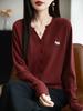 2025 Early Autumn Slimming Embroidered Cardigan - Women's Long Sleeve Notched Collar Knitwear