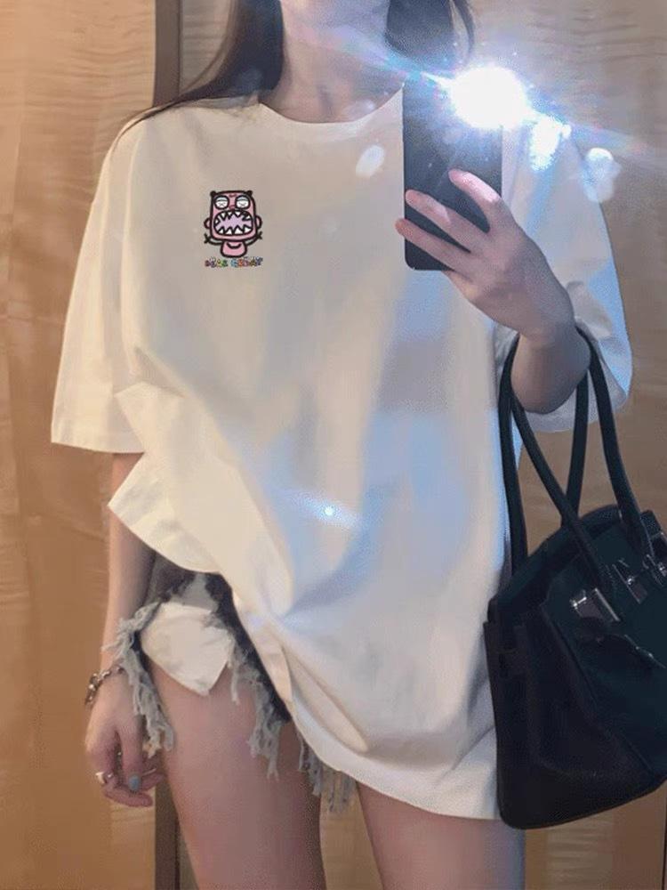 

Хлопковая футболка цвета питайи с коротким рукавом женская 2025 лето новая нишевая одежда свободного дизайна средней длины S белый