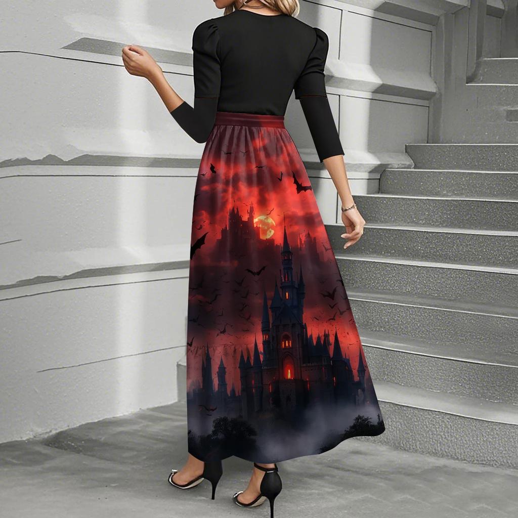 Rochii de damă la modă, casual, cu mâneci trei sferturi, cu guler rotund, cu imprimeu de Halloween, elegante, cu temperament