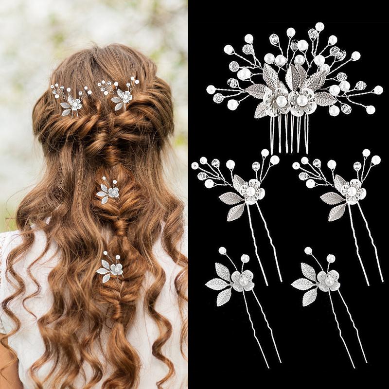 5-piece Set of Gold Leaf Hair Clips Flower Pearl Hair Forks Bridal Hair Clips Headwear Vintage Wedding Hair Accessories
