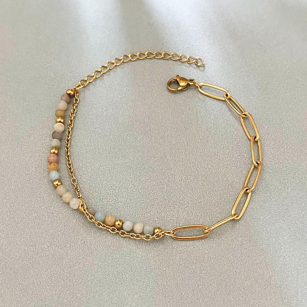Elegant 18k Gold-Plated Stainless Steel Bracelet with Natural Stone Inlay - Trendy and Fade-Resistant for Women
